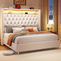 King Bed Frame with Headboard LED Lights and Charging Station, Velvet Tall Upholstered Platform Bed Storage No Box Spring Needed