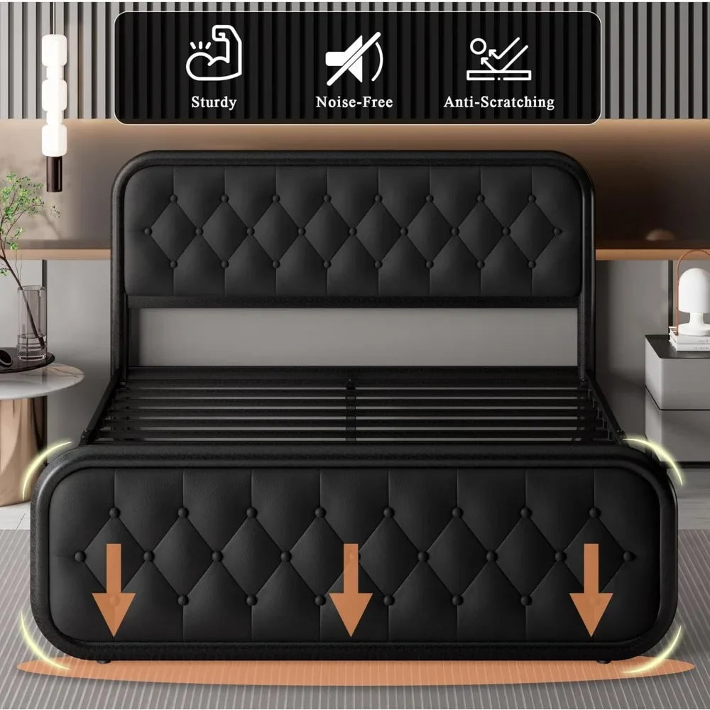 Heavy Duty Bed Frame with Faux Leather Headboard, Upholstered Platform Bed with Strong Metal Slats, 12" Under-Bed Storage