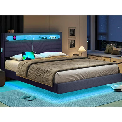 Queen Floating Frame RGB LED Lights ,USB-C/A Power Combo,Linen Upholstered Platform Bed with Storage Headboard
