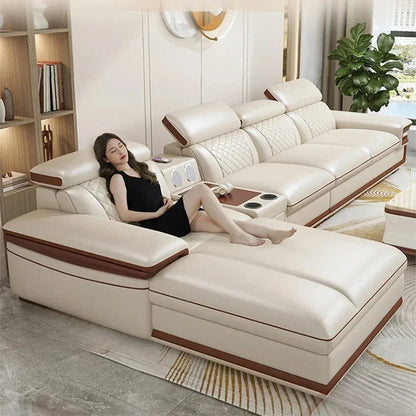 MINGDIBAO Premium Italian Genuine Leather Sofa Set for Living Room with Adjustable Headrests, Bluetooth Speaker, Wireless Charge