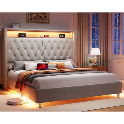 King Bed Frame with Headboard LED Lights and Charging Station, Velvet Tall Upholstered Platform Bed Storage No Box Spring Needed