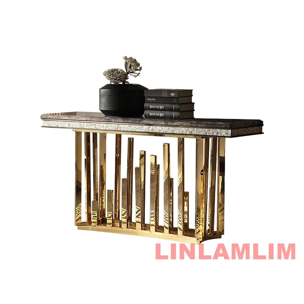 MINGDIBAO Dining Side Table with Sticking Seashells, Natural Marble Stainless Gold End Table, Handmade Coastal Style Furniture