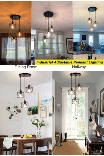 Industrial Pendant Light Adjustable Hanging Lamp for Ceiling Light Fixture Metal Cage Chandelier Lighting for Island Dining Room