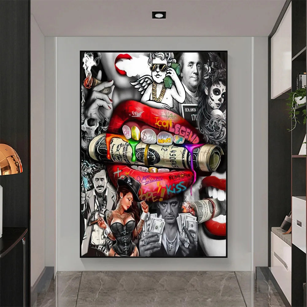 Luxury Dollar Sexy Lips Wall Art Poster Graffiti Abstract High End Mural Modern Home Room Decor Canvas Painting Picture Prints