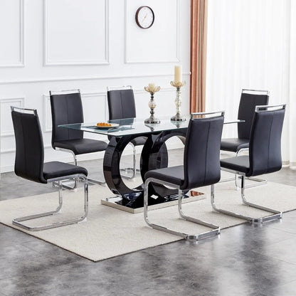 Glass Dining Table Set for 6 ,7 Piece Dining Table Set,Tempered Glass Table Top,PU Leather Ergonomic Dining Chairs Easy Assembly