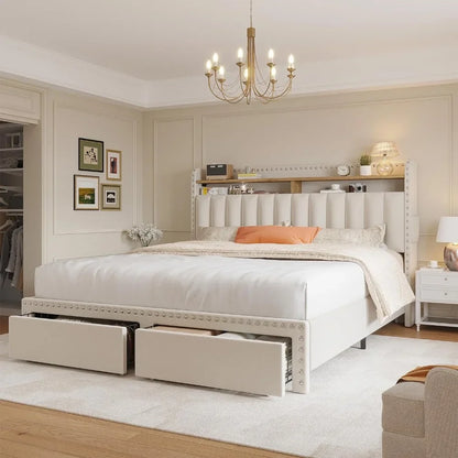 Queen Bed Frame with Headboard and Storage, Upholstered Queen Bed Frame with Storage, Queen Size Bed Frame with 2 Drawer