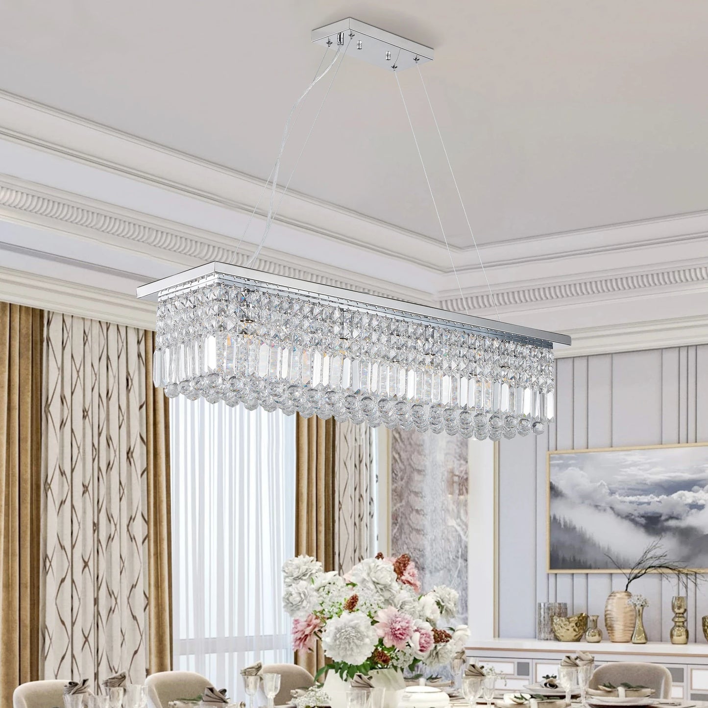 Modern Crystal Chandelier for Dining Room 8-Light  Rectangle Raindrop Chandelier Contemporary Rectangular Fixture Pendant Light