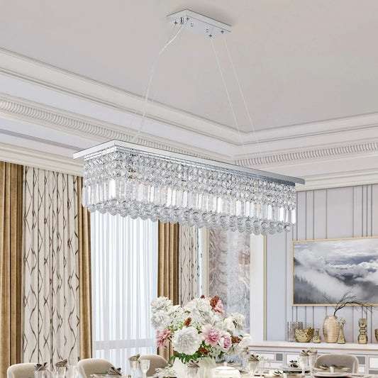 Modern Crystal Chandelier for Dining Room 8-Light  Rectangle Raindrop Chandelier Contemporary Rectangular Fixture Pendant Light