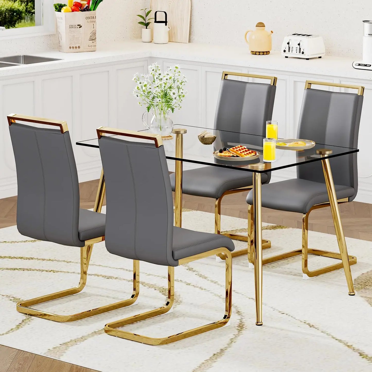 Glass Dining Table Set for 4,5 Piece Dining Table and Chairs Set，Modern Kitchen Dining Room Table with 4 Black PU Leather