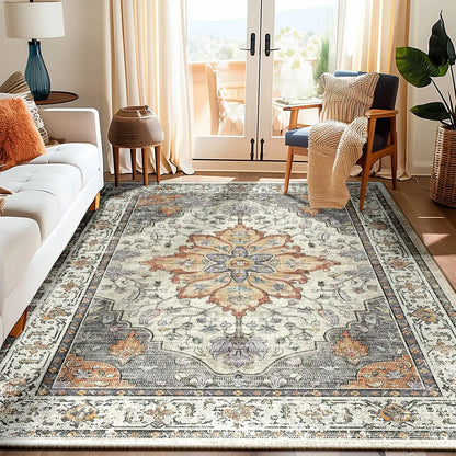 VIKAMA Boho Luxury Floral Loop-Pile Carpet - Chic Bohemian Area Rug for Living Room & Bedroom, Durable Non-Slip Mat Home Decor