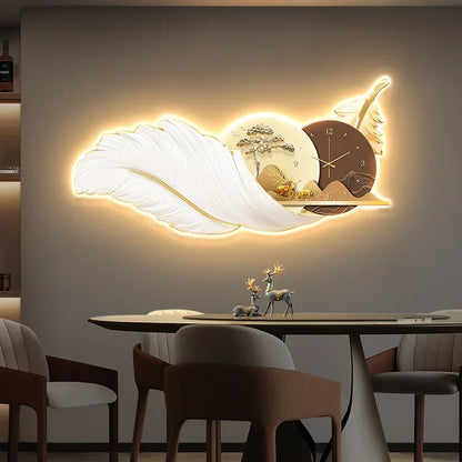 Modern Feather Wall Decor Deer Living Room Luxury Wall Accents Coffee Bar Art Home Mural Elegant Room Ornaments wall clock