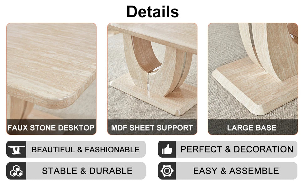 Modern wooden dining table set for 6 people with imitation marble top & 6 PU leather upholstered chairs，Wood grain beige