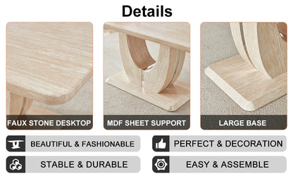 Modern wooden dining table set for 6 people with imitation marble top & 6 PU leather upholstered chairs，Wood grain beige