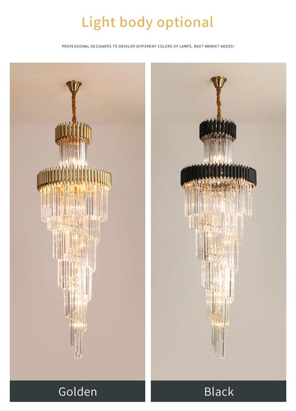 Large Top Long Crystal Led Chandeliers Hotel Hall Living Room Luxury Multi-layer Staircase Lighting Black Stainless Steel Light