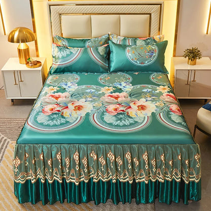 3pcs Set Luxury Classic Floral Bed Skirt with Pillowcase, Ice Silk Flower Print Bedding Set for Dorm, Bedroom, Guest Room Decor