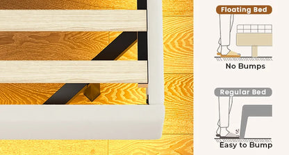 Bed Frame, with Storage Headboard and Power Outlet, Floating Platform Bed with LED Lights, Wood Slats Support, Bedroom Bed