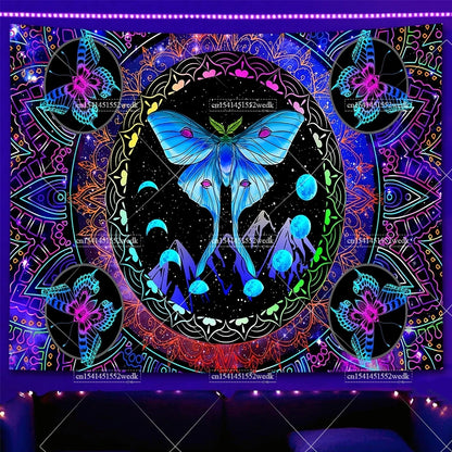 Blacklight Mushroom Tapestry UV Reactive Hippie Skull Tapestries Wall Hanging Eyes Forest Tapestry Glow In The Dark Posters