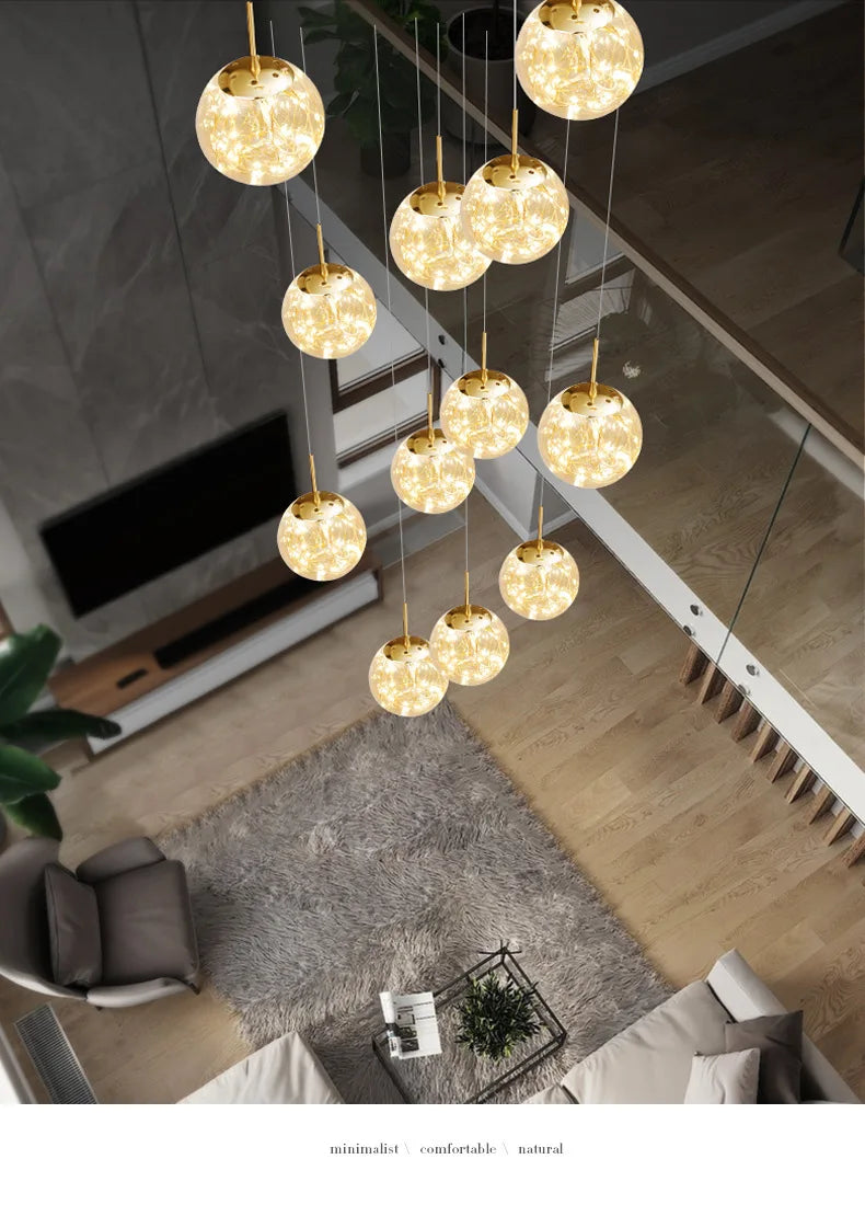 Modern Led Chandelier Glass Ball Dimmable for Staircase Living Room Pendant Lamps Home Decor Lighting Suspension Design Lusters
