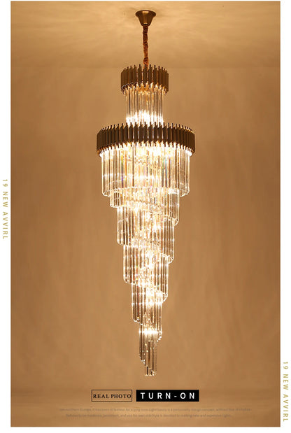 Large Top Long Crystal Led Chandeliers Hotel Hall Living Room Luxury Multi-layer Staircase Lighting Black Stainless Steel Light