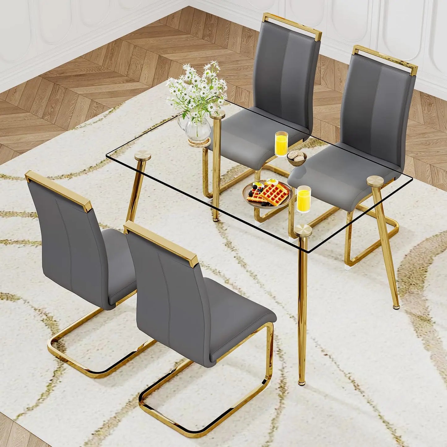 Glass Dining Table Set for 4,5 Piece Dining Table and Chairs Set，Modern Kitchen Dining Room Table with 4 Black PU Leather