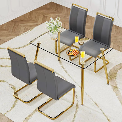 Glass Dining Table Set for 4,5 Piece Dining Table and Chairs Set，Modern Kitchen Dining Room Table with 4 Black PU Leather