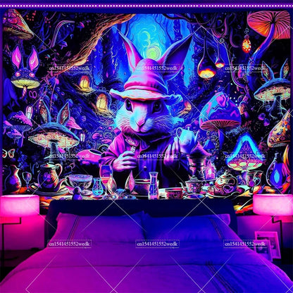 Blacklight Mushroom Tapestry UV Reactive Hippie Skull Tapestries Wall Hanging Eyes Forest Tapestry Glow In The Dark Posters
