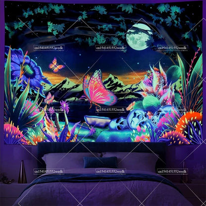 Blacklight Mushroom Tapestry UV Reactive Hippie Skull Tapestries Wall Hanging Eyes Forest Tapestry Glow In The Dark Posters