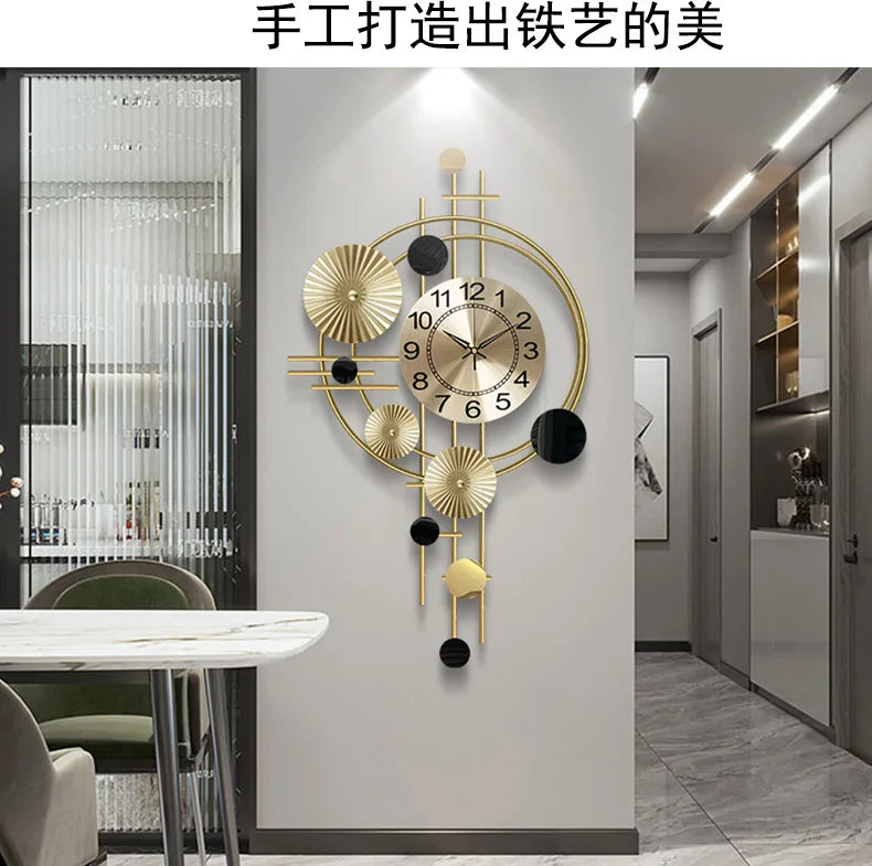 Large Wall Clock Gold Nordic Living Room Art Lotus Leaf Hanging Watch Circular Geometry Pointer Mute Wall Clock Home Decoration
