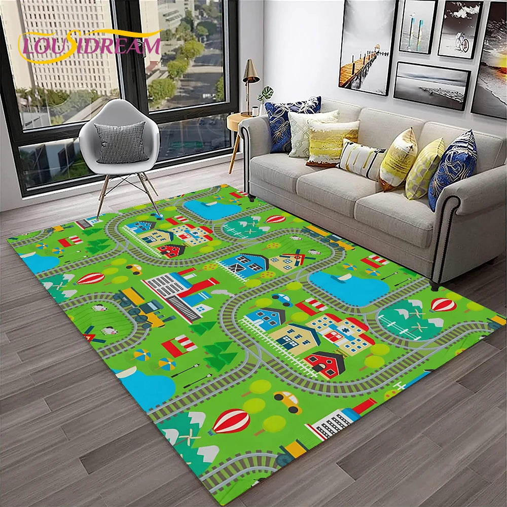 Child Playmat Traffic Highway City Playroom Carpet Rug for Home Living Room Bedroom Doormat Decor, Area Rug Non-slip Floor Mat