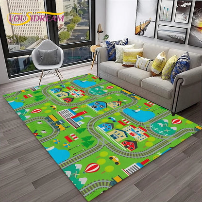 Child Playmat Traffic Highway City Playroom Carpet Rug for Home Living Room Bedroom Doormat Decor, Area Rug Non-slip Floor Mat