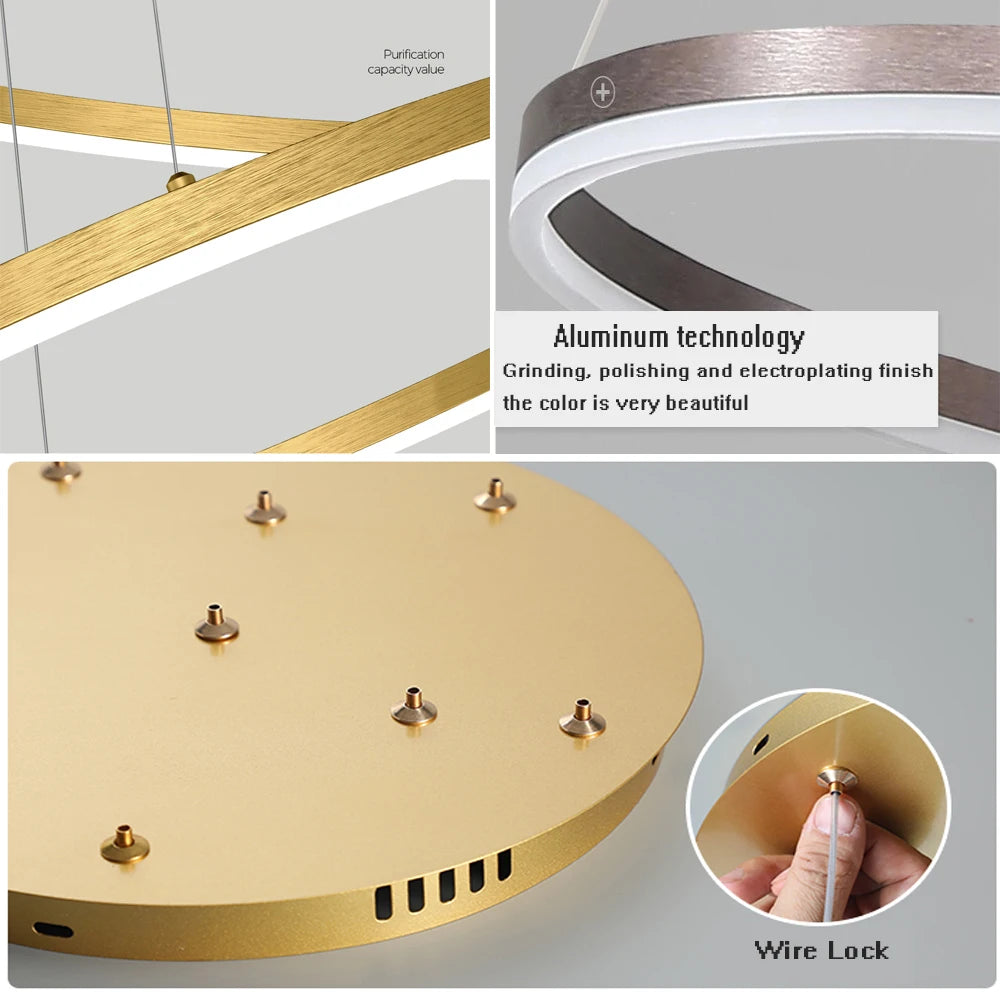Modern LED pendant lights suitable for bedrooms, living rooms, and dining rooms. Circular ceiling chandelier, home lighting.