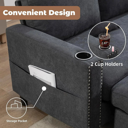 Convertible Sectional Couches for Living Room, L-Shaped Couch 3 Seats Sofas with Storage Chaise & 2 Cup Holders, Small Sofa