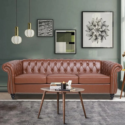 Chesterfield Sofa Leather for Living Room, 3 Seater Sofa Tufted Couch Faux Leather with Rolled Arms and Nailhead for Living Room