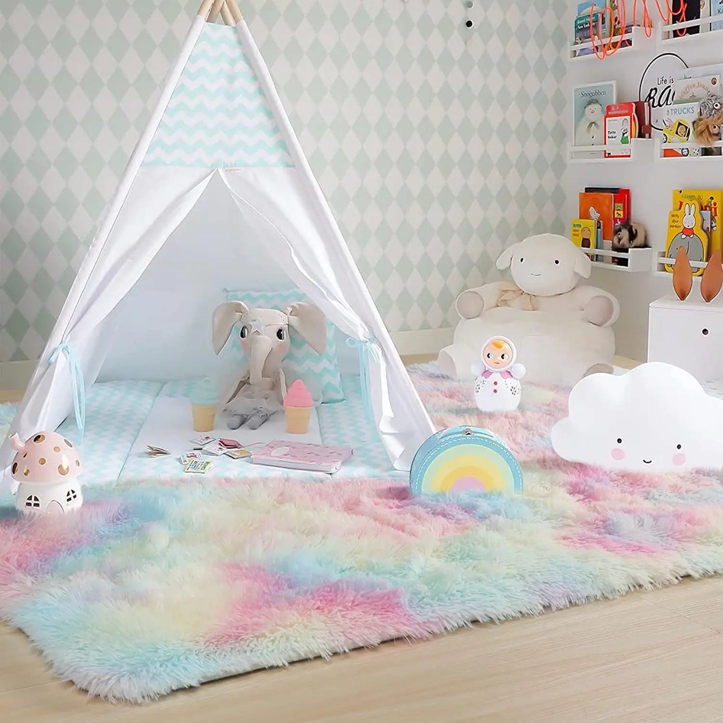 Soft Shaggy Carpet Living Room Fluffy Children Rugs Large Beige Plush Area Rug for Bedroom Kids Room Nursery Modern Home Decor