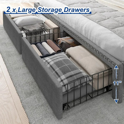 Queen Bed Frame with Headboard and Storage, Upholstered Queen Bed Frame with Storage, Queen Size Bed Frame with 2 Drawer
