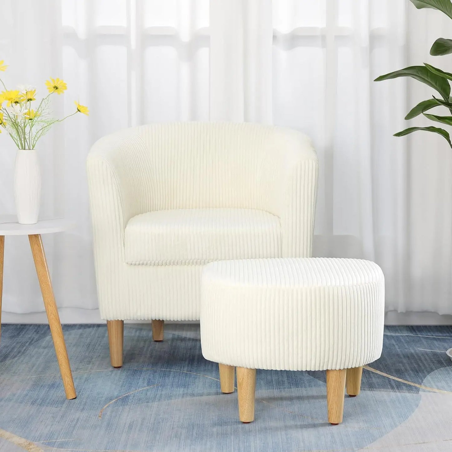 Accent Chair, Sherpa Chair White Fluffy Chair Teddy Barrel Chair with Ottoman Comfy ArmChair Footrest Set