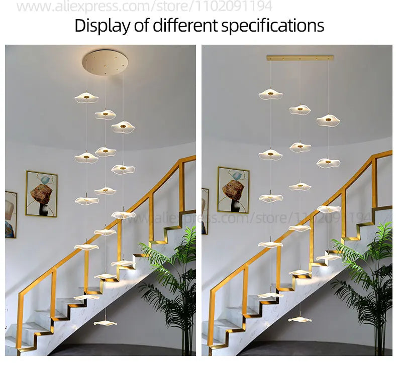 Led Staircase Pendant Lamp Modern Circular Lotus Leaf Living Room Chandelier Designer Villa Style Large Penthouse Chandelier