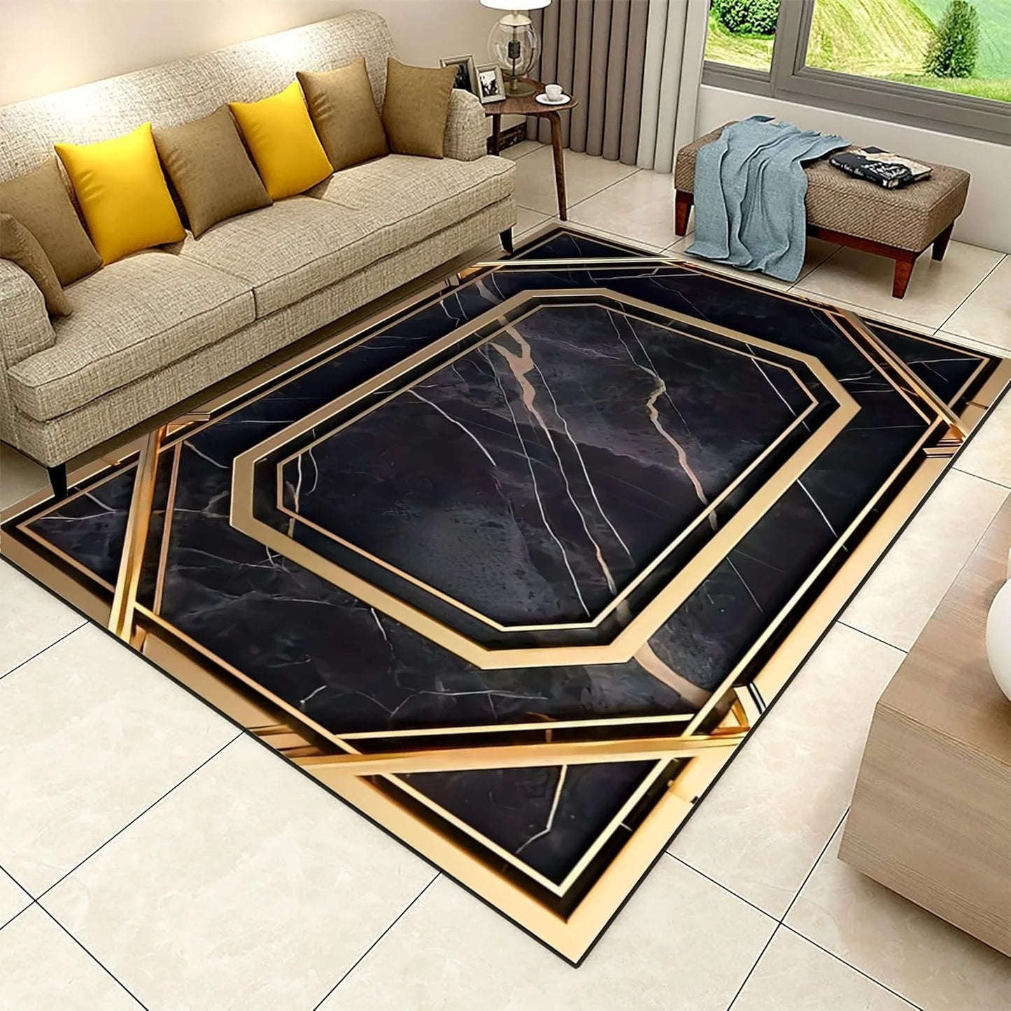 Black Gold Marble Area Rug Modern Abstract Geometric Rug Non-Slip Soft Floor Carpet Decor for Home Living Room Bedroom Office