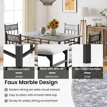 5-piece 4-person Dining Table Set, Imitation Marble Kitchen Table and Chairs 4-piece Set, Metal and Wooden Dining Table Set