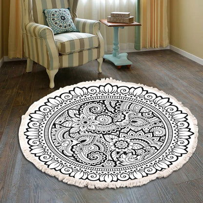 Hand Woven Cotton Linen Carpet Retro Bohemian Round Bedside Geometric Floor Mat Living Room Home Decor Boho Mandala Tassel Rug