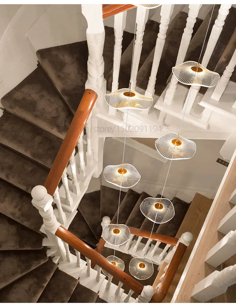 Led Staircase Pendant Lamp Modern Circular Lotus Leaf Living Room Chandelier Designer Villa Style Large Penthouse Chandelier