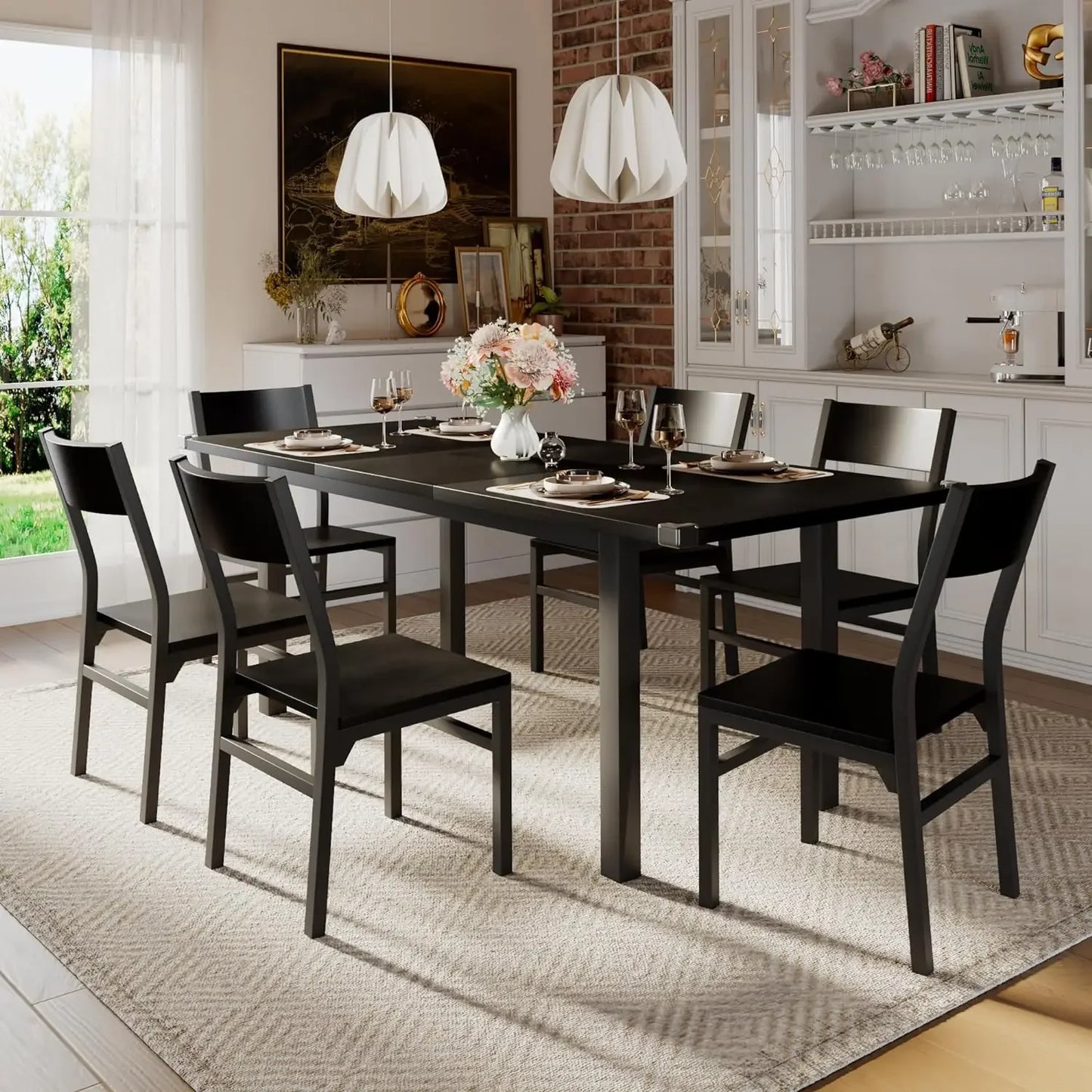 Dining Table Set for 4-8 People, Extendable Kitchen Table Set with 2 Benches and 2 Square Stools