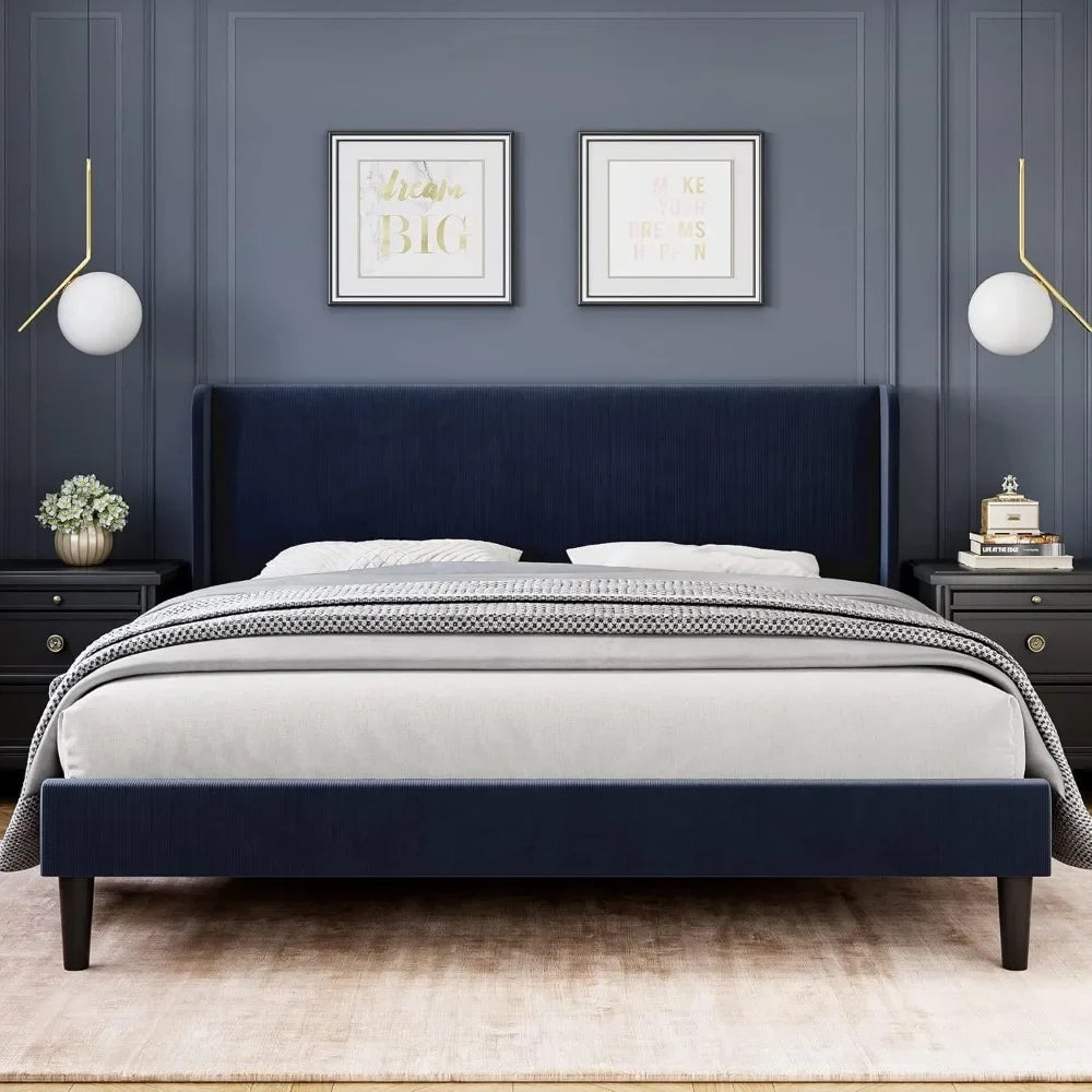Bed Frame with Wingback & 2 Storage Pockets,  Upholstered Headboard, Solid Wood Slats Support, Velvet Platform Beds Bedroom