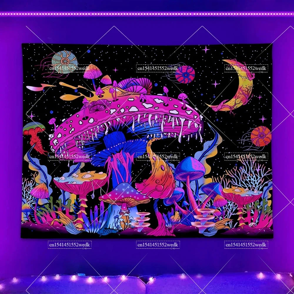 Blacklight Mushroom Tapestry UV Reactive Hippie Skull Tapestries Wall Hanging Eyes Forest Tapestry Glow In The Dark Posters