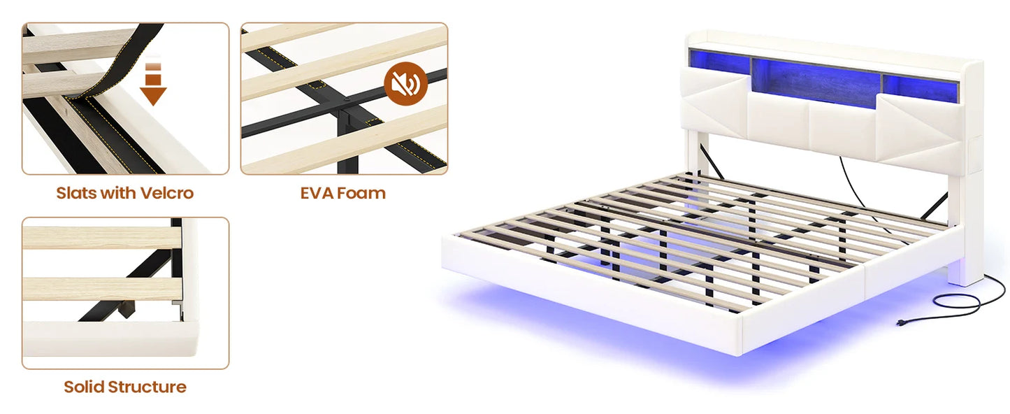 Bed Frame, with Storage Headboard and Power Outlet, Floating Platform Bed with LED Lights, Wood Slats Support, Bedroom Bed