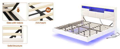Bed Frame, with Storage Headboard and Power Outlet, Floating Platform Bed with LED Lights, Wood Slats Support, Bedroom Bed