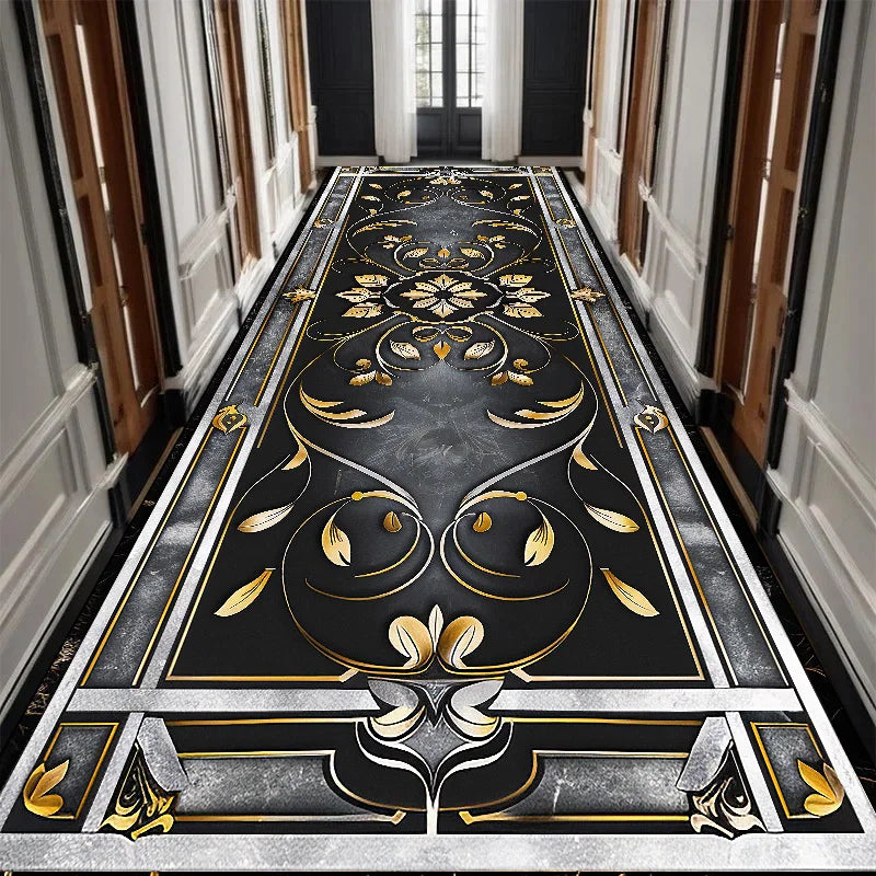 Luxury Black Golden Long Corridor Carpet Hall Runner Decor Non-slip Washable Stairway Rugs European Aisle Floor Mat Customizable