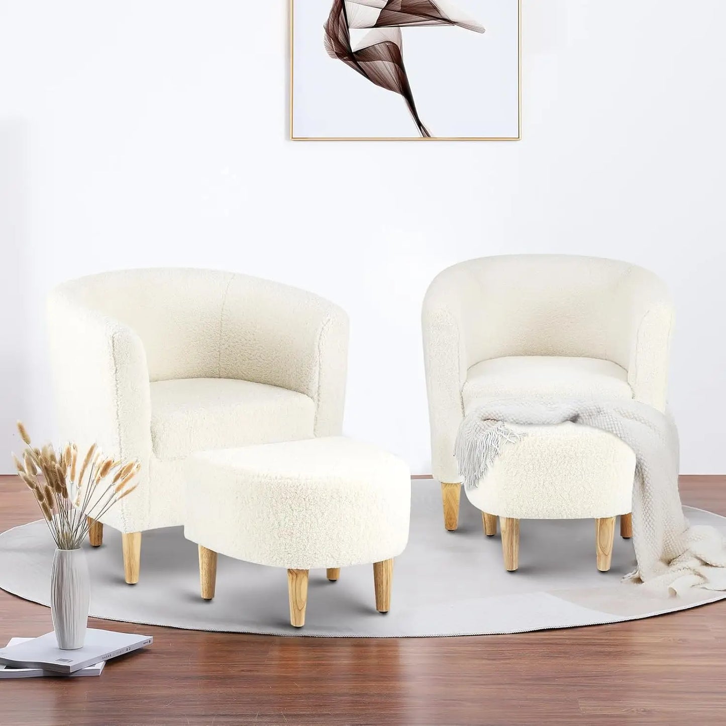 Accent Chair, Sherpa Chair White Fluffy Chair Teddy Barrel Chair with Ottoman Comfy ArmChair Footrest Set