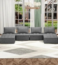 Modular Sectional Sofa with Chaise, Convertible Oversize L Shaped Couch with Reversible Ottoman,Linen 6 Seater Free Combination