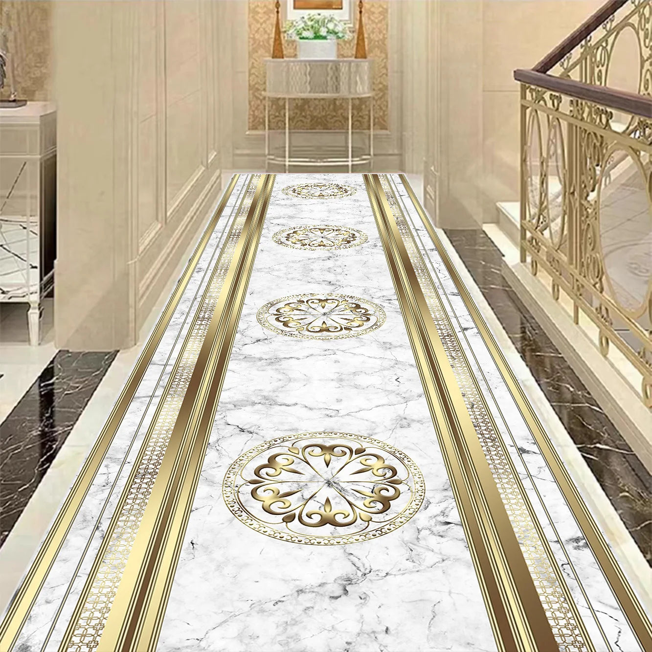 Golden Luxury Long Corridor Carpet Large Area Passageway Non-slip Rugs Washable Porch Entry Doormat Living Room Decoration Mats